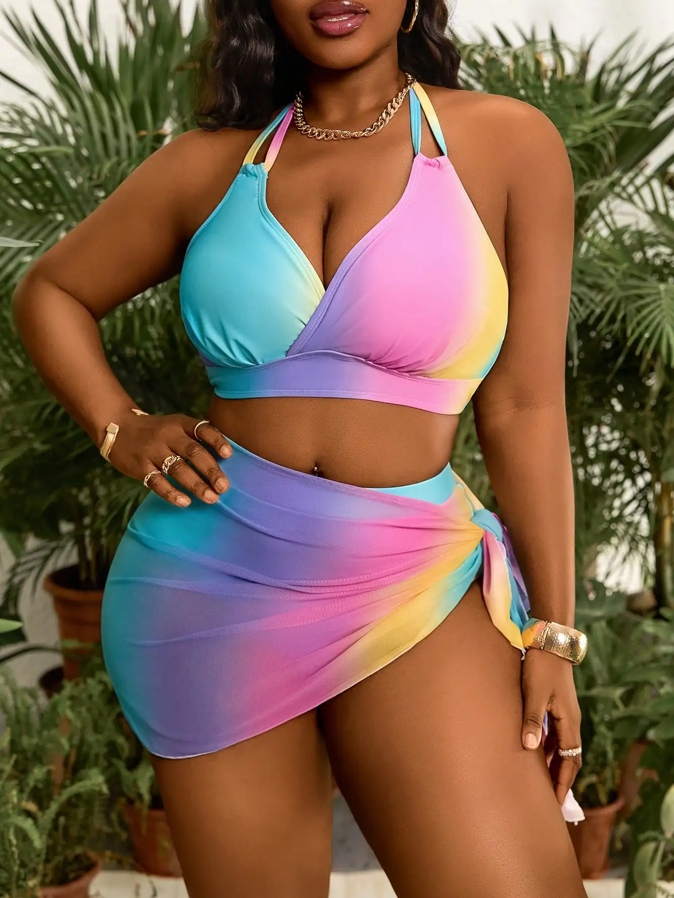 

Женский комплект бикини больших размеров с градиентной расцветкой, сетчатой юбкой и бретелями для пляжного отдыха