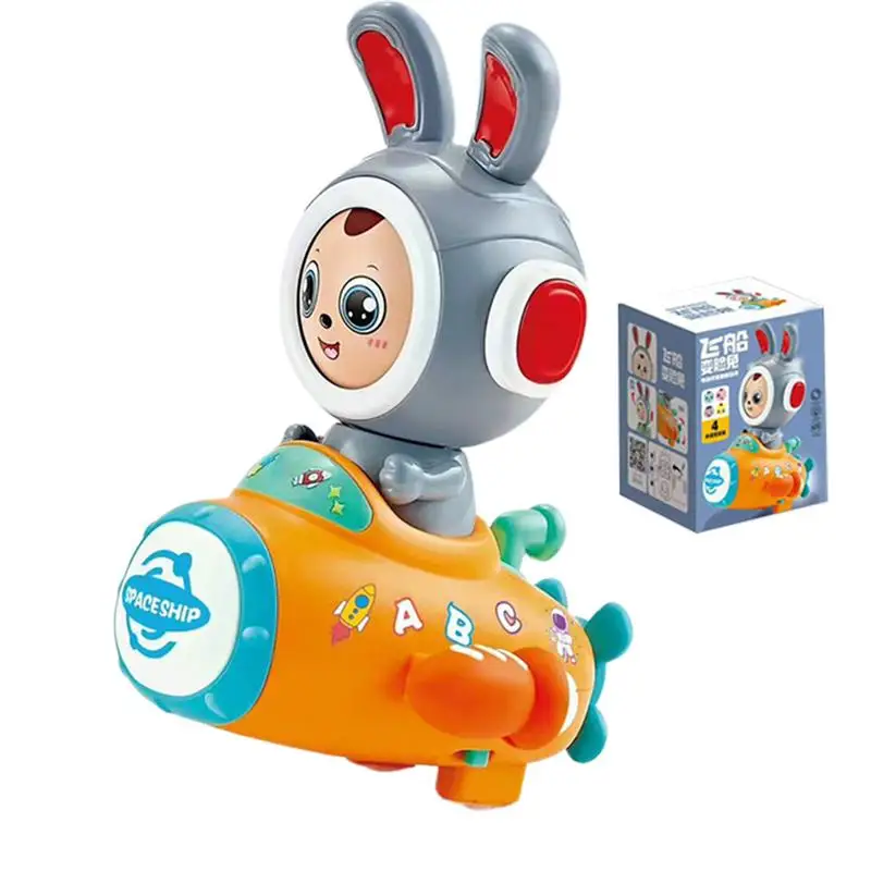 Bunny Light Up Toy Rabbit Driving Spaceship Toy Interactive Face Changing Rabbit Walking Toy With Light And Music For 3-5 Years