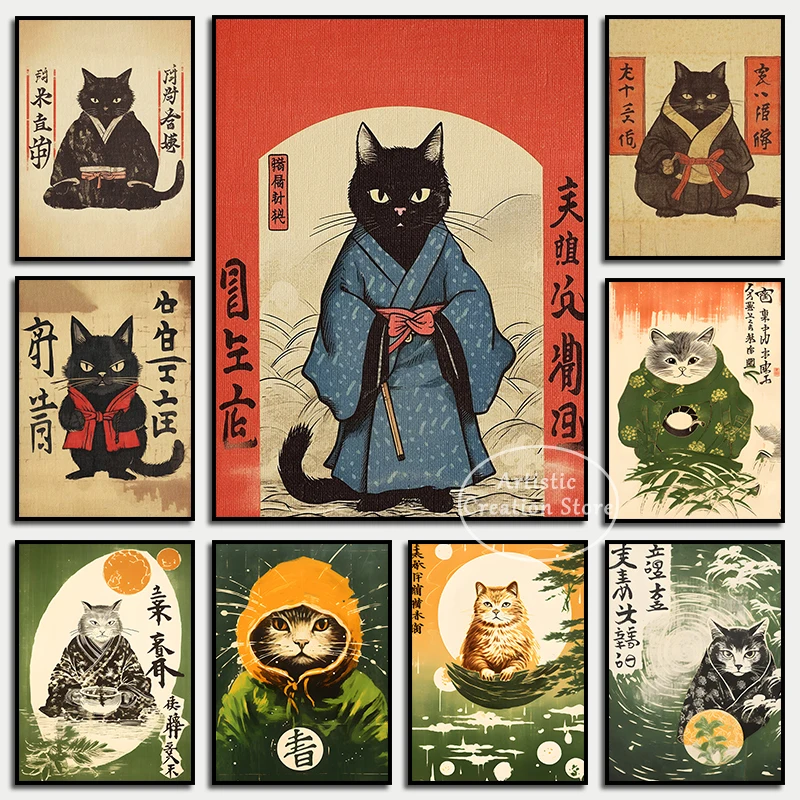 Impresión de Arte Asiático de ukiyo-e de gato japonés vintage, pintura en lienzo, impresiones de animales divertidos, pared, sala de estar, imagen nórdica, decoración del hogar
