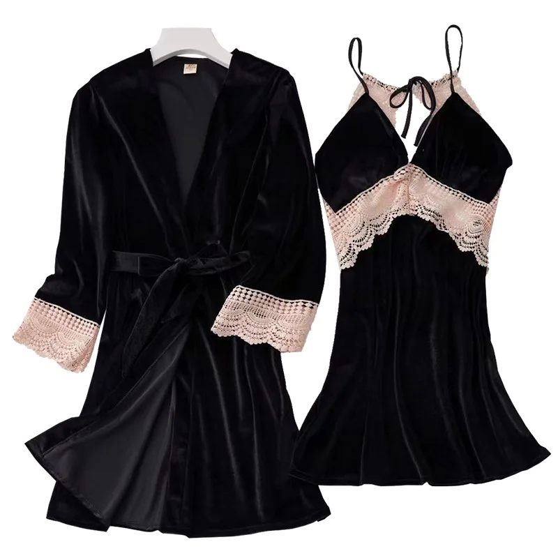 Golden Velvet Pajamas Three-Piece Female Autumn and Winter Long-Sleeved Robe Set Sexy Lace Sling Pajamas Nightgowns Homewear