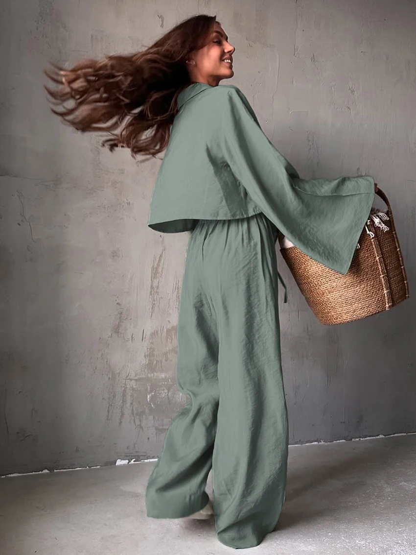 Marthaqiqi Loose Women Pajamas Suit Turn-Down Collar Sleepwear Long Sleeve Nightgowns Lace Up Nightwear Pants Casual Pyjamas Set