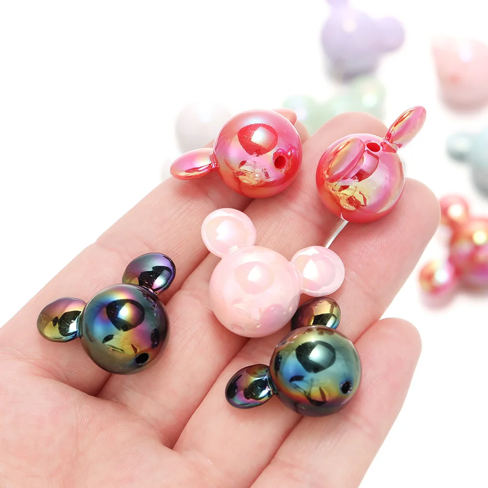 Acrylic UV Plated Bright Color Cartoon Mouse Head Straight Hole Bead Solid Color AB Mickey Round Bead Diy Beaded Handmade Jewelr