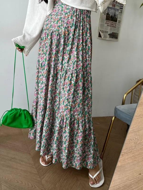 

Sweet Floral Print Elastic Waist Half-length Skirt Women's Fashionable Holiday Style Design Princess Skirt Standard Fit Summe...