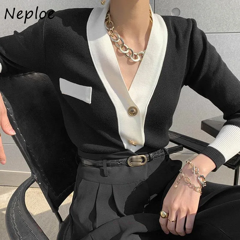 Neploe Hit Color Patchwork Knit Pullover Sweater Women V Neck Long Sleeve Pull Femme Spring 2024 New Ol Sueter Feminino