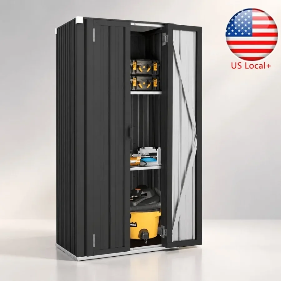 Outdoor storage cabinet for patio use, waterproof polyresin material, gray color, tall 70-inch vertical design with stable base