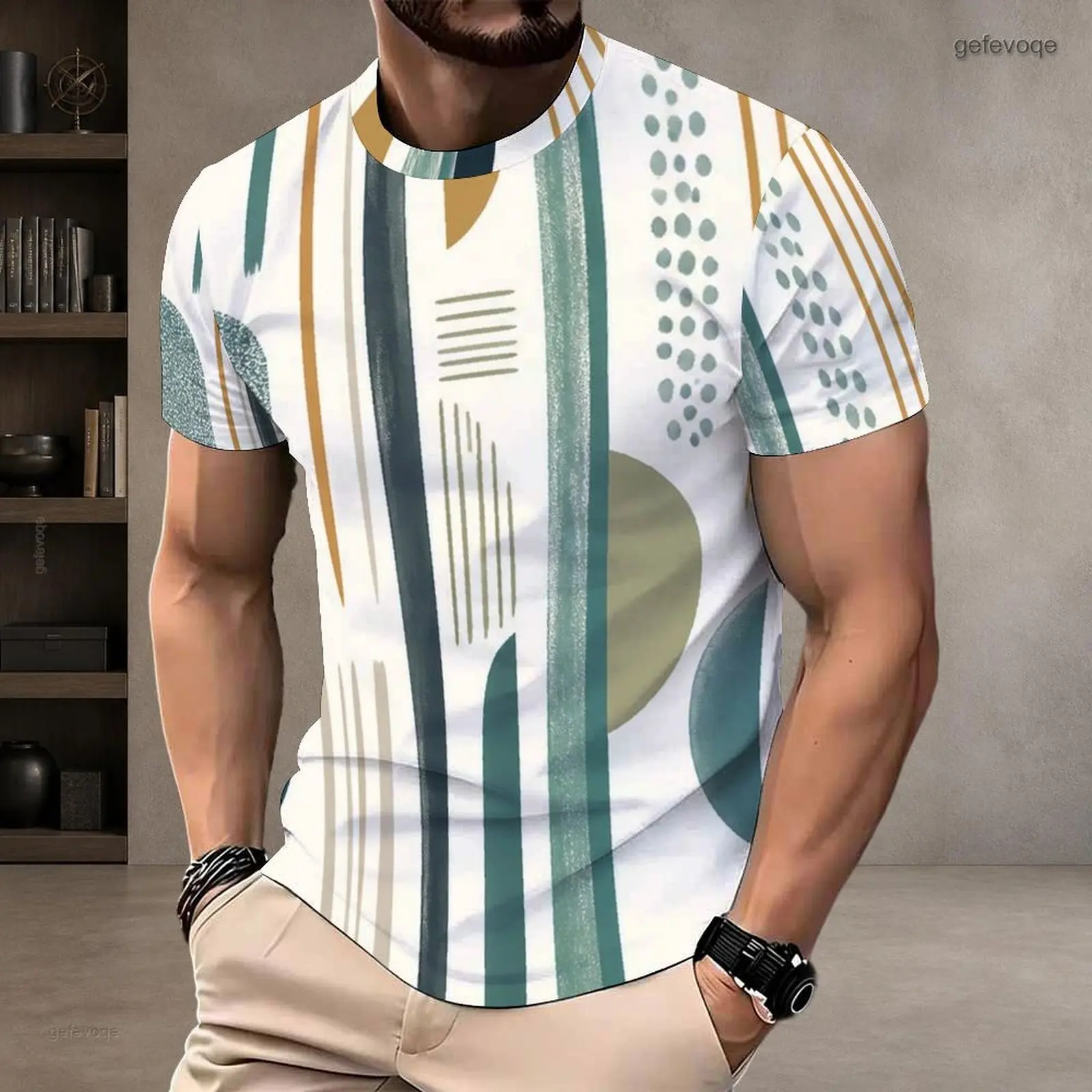 Men White Base Teal Golden Yellow Abstract Geometric Printed Short Sleeve Round Neck T-Shirt