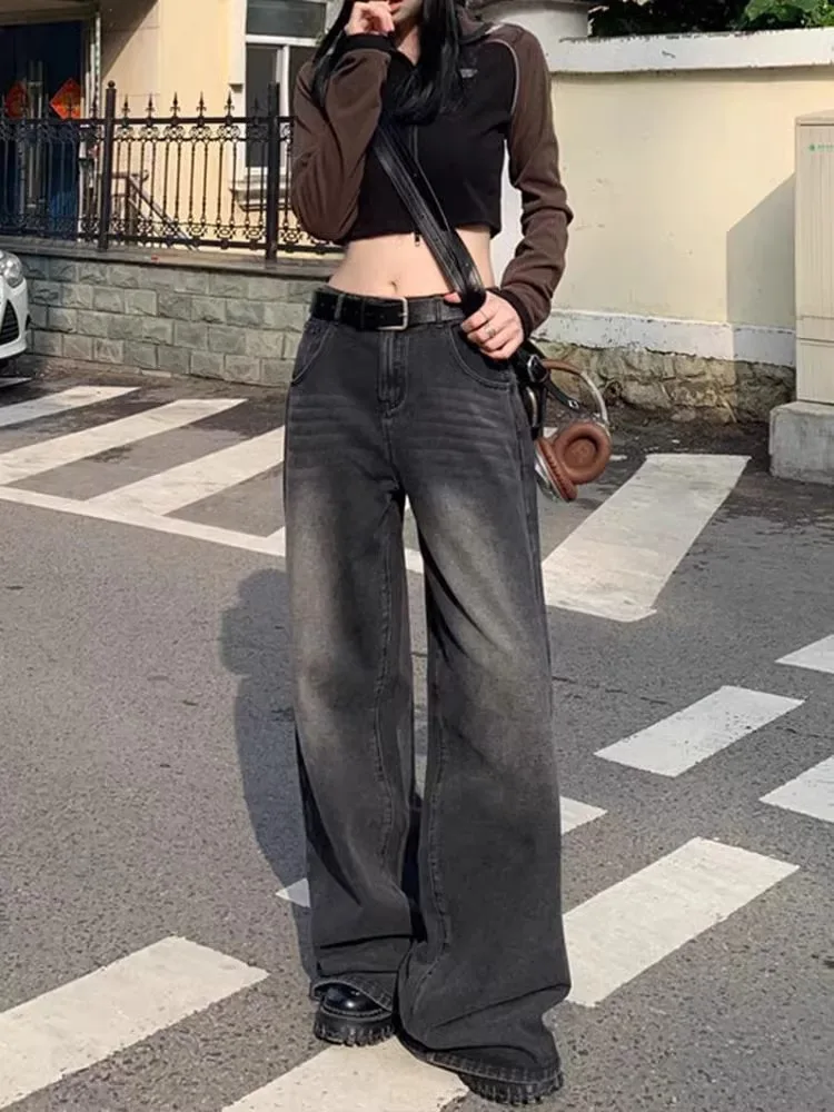 بنطلون جينز نسائي من American Sle مقاس كبير مبطن بأرجل واسعة من قماش الدنيم للخريف والشتاء بخصر عالٍ وفضفاض بطول الأرض #3