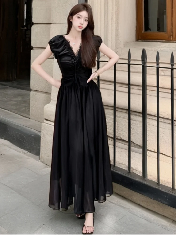 

SMTHMA High End Retro Design Pleated Waist Lace V-Neck Dress For Women 2025 New Summer High Waist Slim Solid Long Dresses