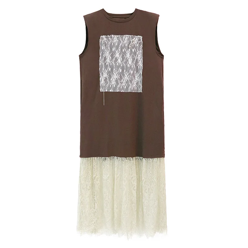 Tannt femmes robe dentelle Patchwork irrégulière couleur correspondant t-shirts robes asymétrie sans manches mode longues robes d'été 2025