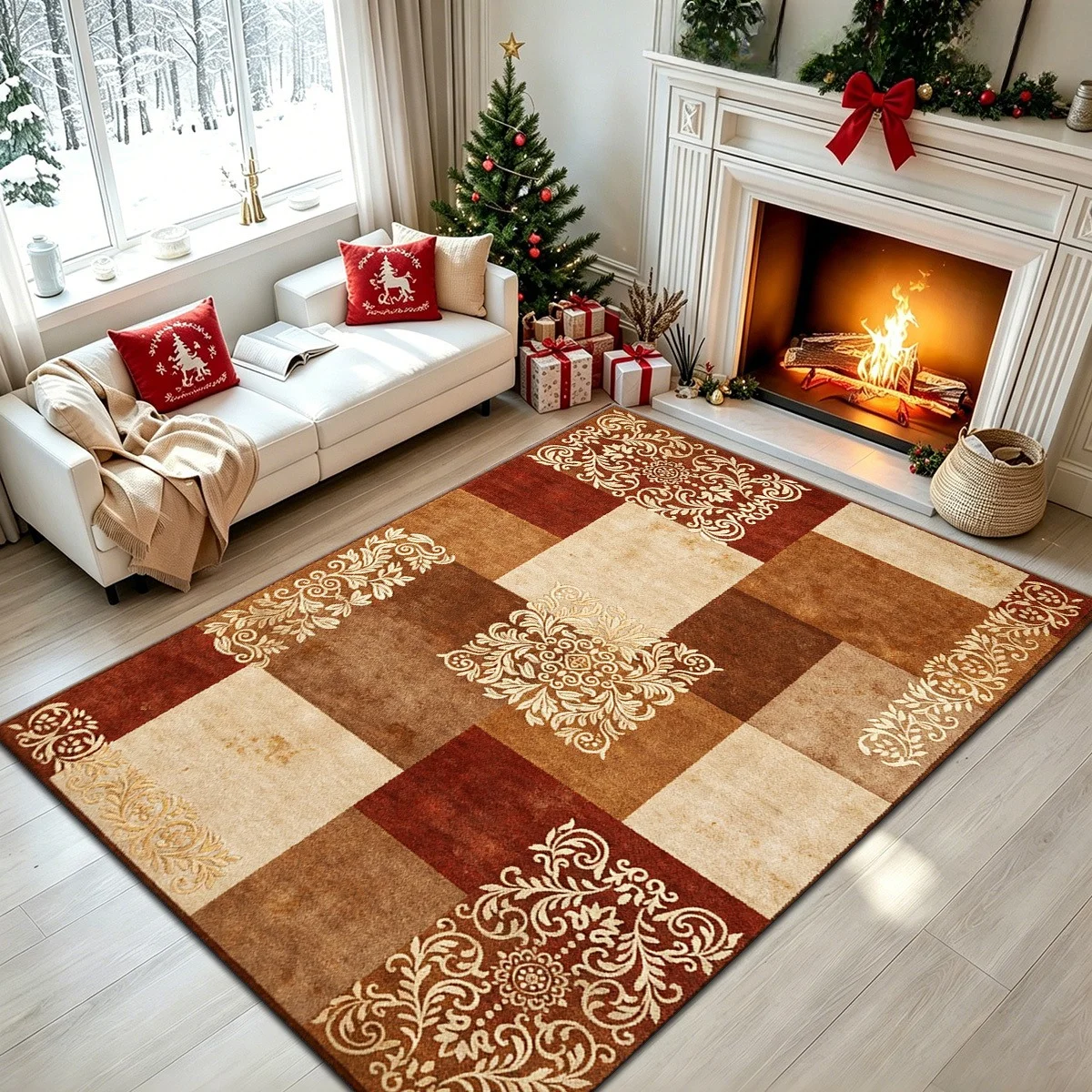 European Vintage Area Rug Classic Brown Geometric Medallion Carpet for Luxury Living Room Sofa Coffee Table Decor Large Floor