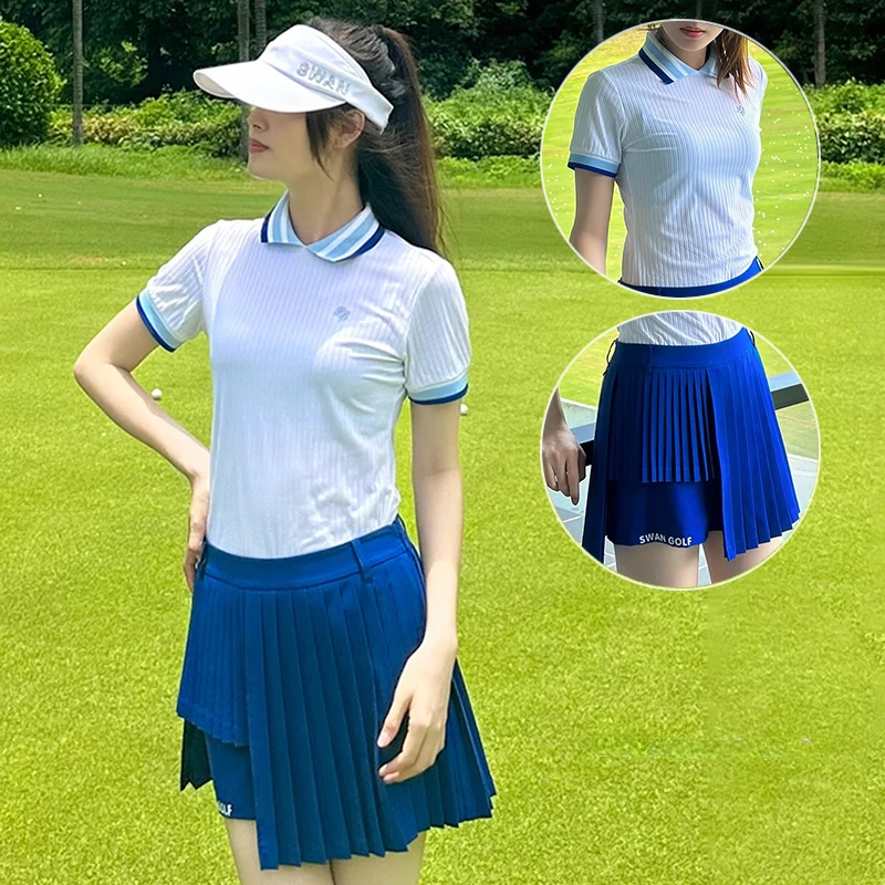 

SG Ladies Stripe Short Sleeve Golf Shirt Quick Dry Polo T-shirt Women Breathable Anti-light Skirt Elastic Pleated Golf Skorts