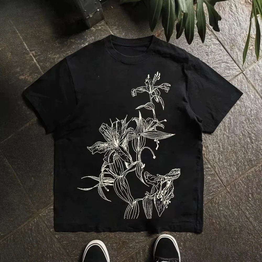 2026 Unisex Trending Dark Aesthetic Flower T Shirt Sketch Lily Line Art Graphic Front Print Cotton Streetwear Tee For Art Lovers