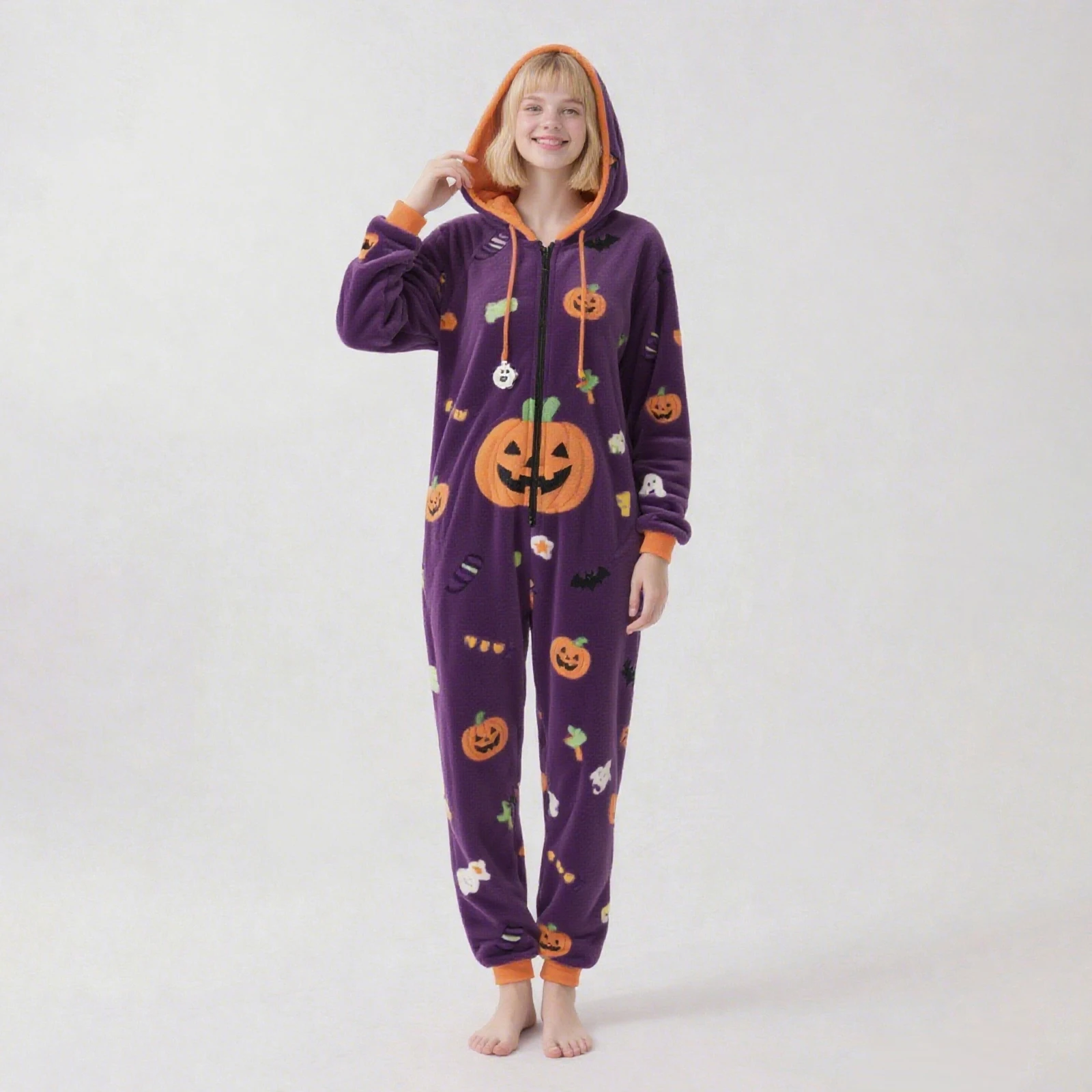 Halloween Women Fleece Pajamas Jumpsuit Pumpkin Hooded Long Sleeve Pants Romper Warm Holiday Sleepwear