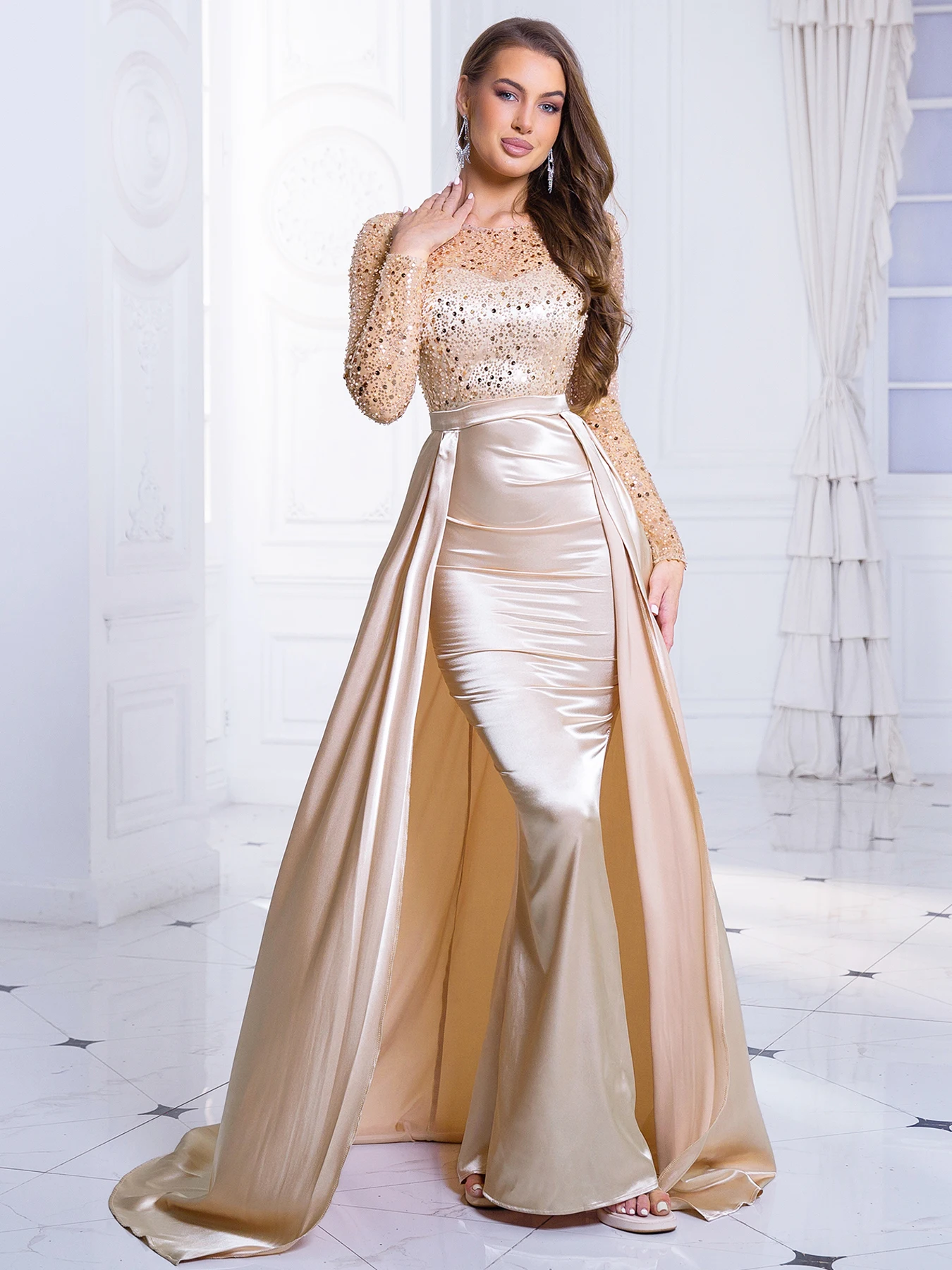 Long Sleeve Sequin Floor Length Party Dress Padded O Neck Long Evening Night Gown with Detachable Satin Skirt Green Gold