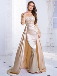 Sequined Floor Length Evening Party Dress Long Sleeve Prom Gown Padded O Neck Long with Detachable Satin Skirt Green Gold