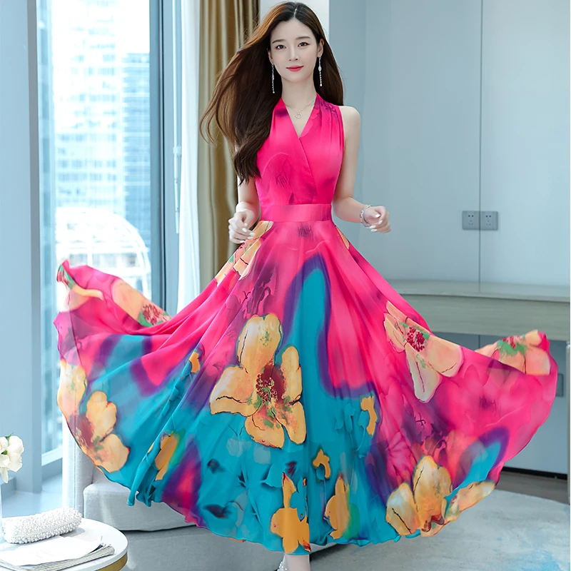 2024 New Women Boho Floral Chiffon Casual Beach Maxi Dress Summer  Sleeveless Sexy Sundress Vintage Elegant Bodycon Party Vestido - AliExpress  200000345