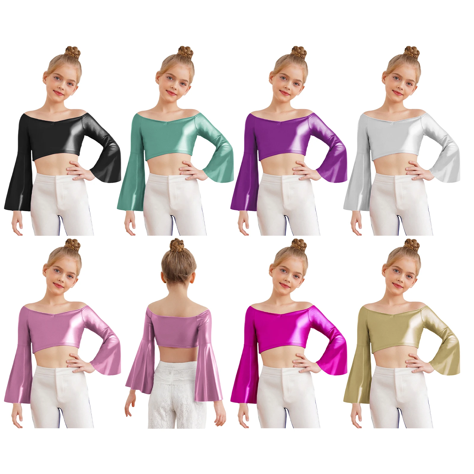 키즈 소녀 셔츠 재즈 댄스 탑 긴 플레어 슬리브 오프 숄더 메탈릭 크롭 탑 생일 파티 무대 공연 댄스웨어