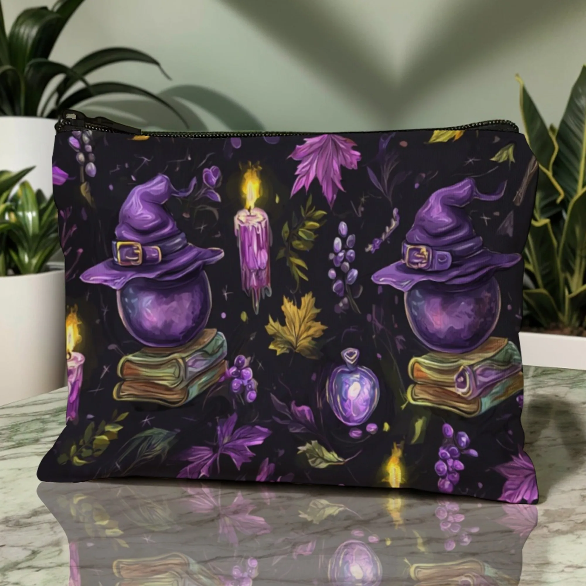 Halloween Purple Witch Themed Cosmetic Bag Black Background with Witch Hats Spellbooks Candles Potions and Autumn Leaves Motifs