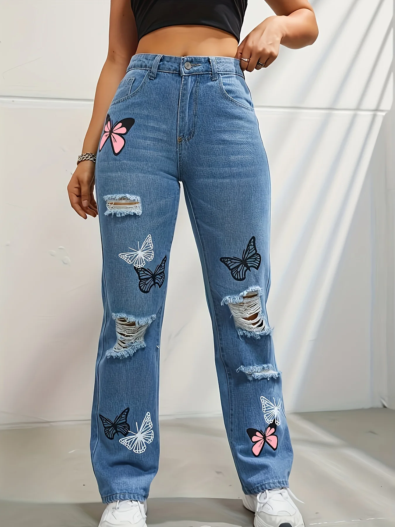 Vlinderdruk denim broek dames gaten jeans rechte broek hoge taille losse pasvorm vintage 2024 casual noodlijdende denims