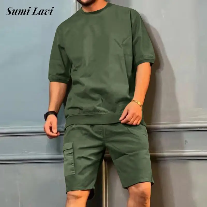 2024 Summer Casual Outfits Mens Short Sleeve O Neck T-shirts And Cargo Shorts Tracksuit Men Fashion Solid Color Two piece Suits