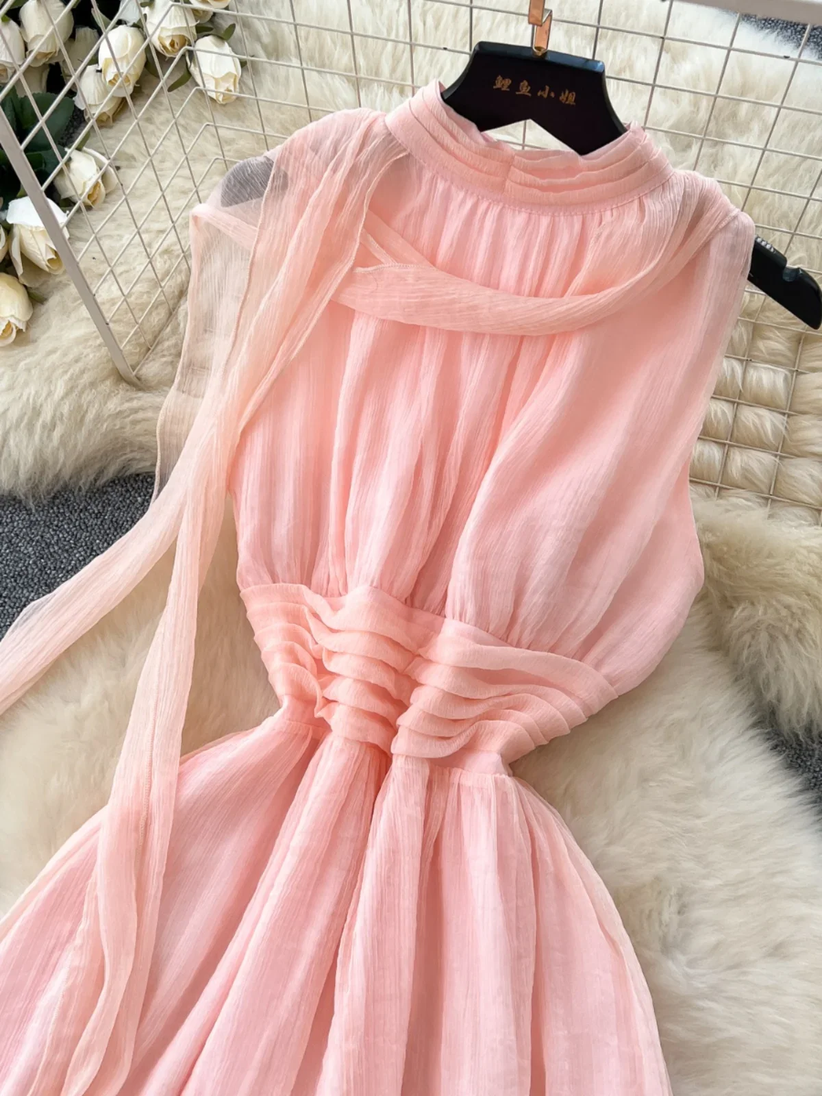 Ofallsis Halter Neck Sleeveless Vacation Dress 2024 Summer New French Pleated Waist Cinching Flowing Ribbon Chiffon Fairy Dress