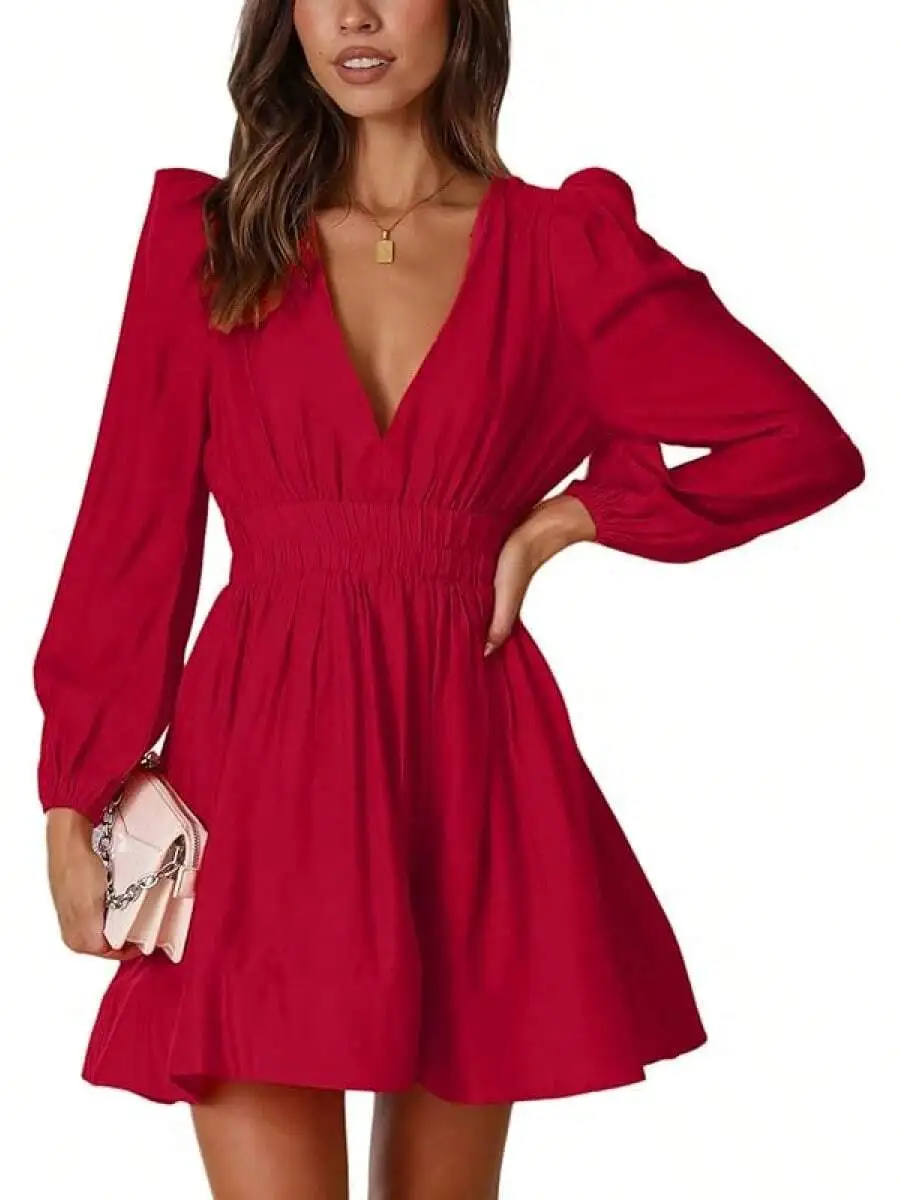 

Deep V Long Sleeve A-Line High Waisted Flowy Dress Women Casual Semi Formal