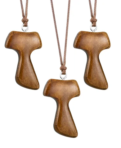 Cottvott Wood Catholic Tau Cross Pendant Necklace Christian Saint St. Francis with Cord Rope Necklace for Men Women-3pcs Bulk