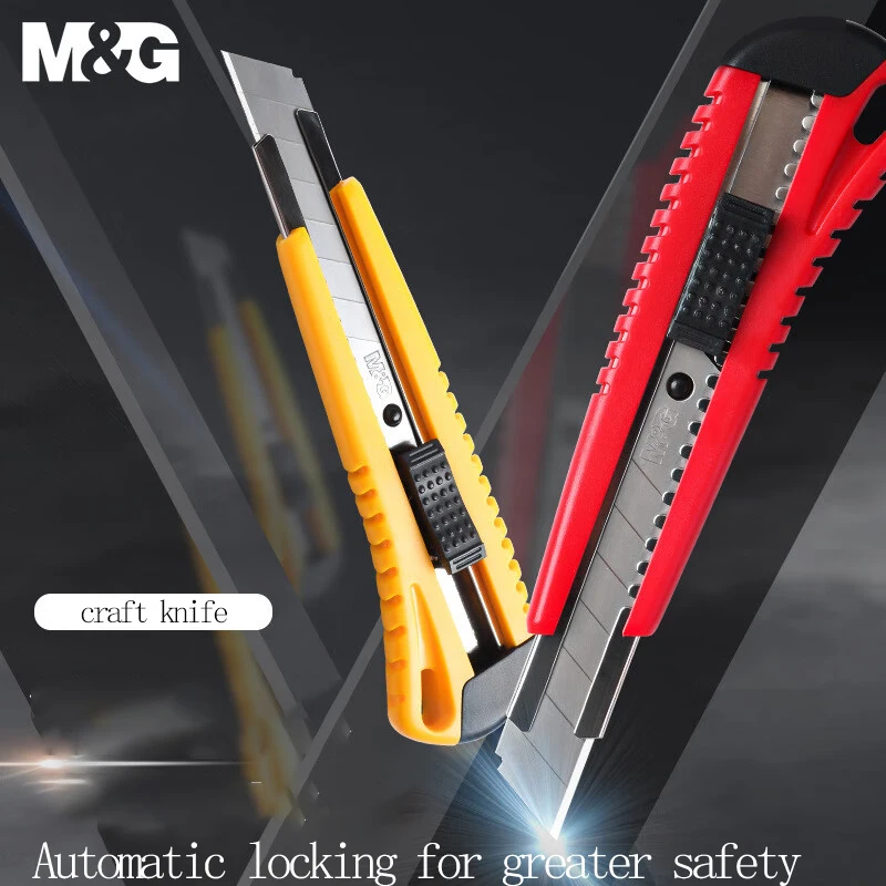 Coltello multiuso retrattile M&G con chiusura automatica, lame ricaricabili larghe 18 mm, per uso industriale e domestico, scatola aperta