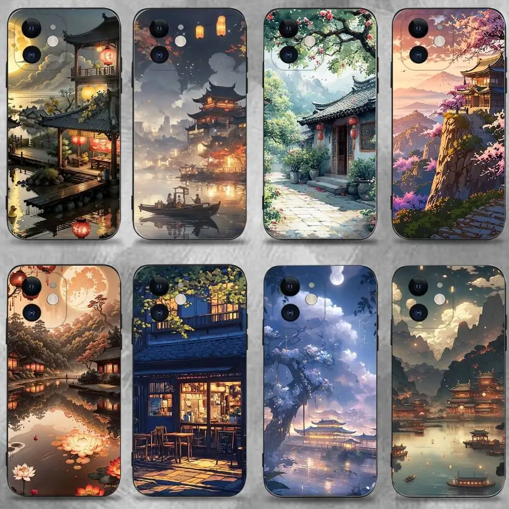 

Chinese Architecture Landscape Phone Case For iPhone16,15,14,13,12,11 Plus,Pro Max,XS,X,XR,SE,Mini,8,7,Soft Silicone Black Cover