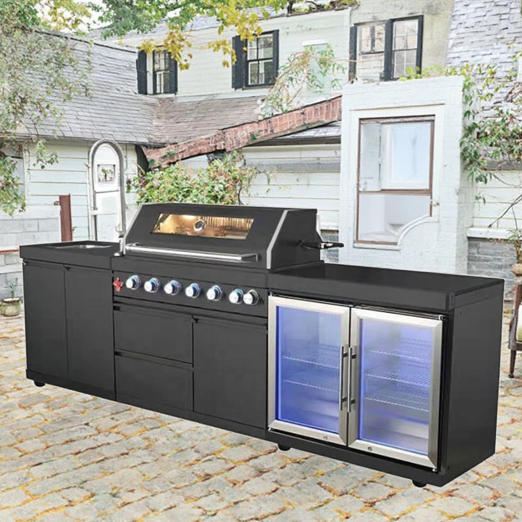 Outdoor Stainless Steel Kitchen Cabinets for Barbecue Cooking Featuring Gas Grill and Pantry Customized for Patio Use