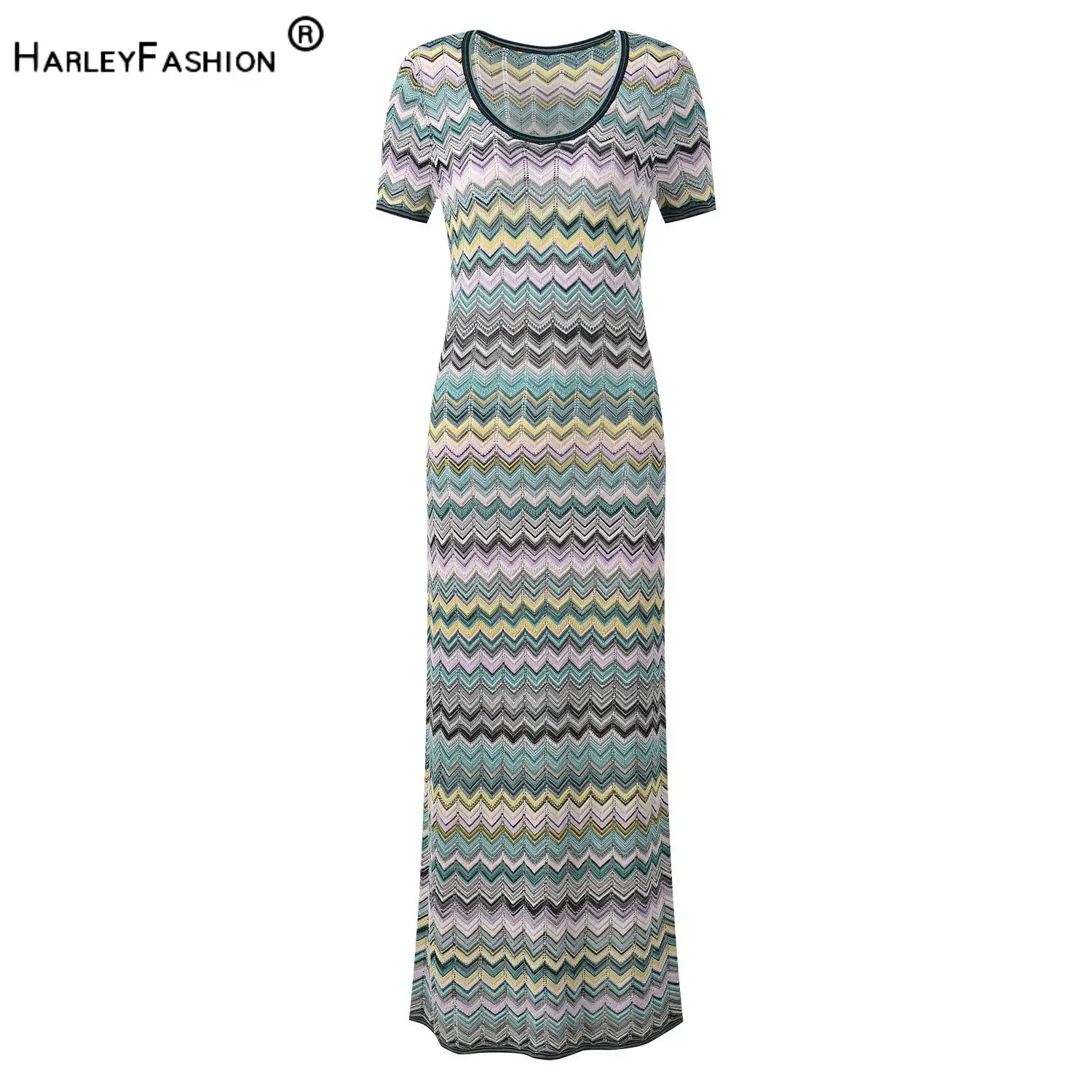 

2026 Summer New Arrival Colorblock Lady Fashion Wear O-neck Short Sleeve Striped Wavy Knits Slim Fitted Long Dress for Women