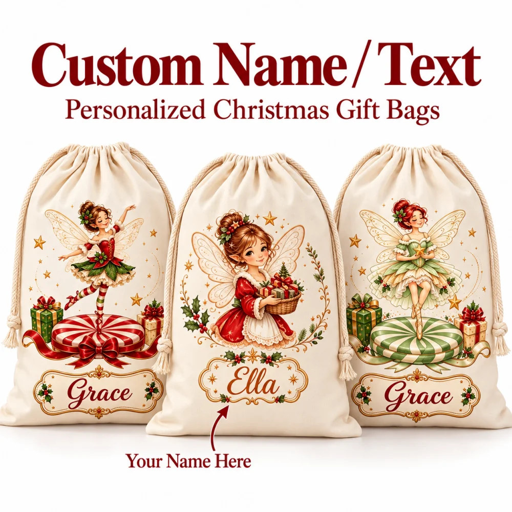1Pc Christmas Ballet Fairy Elf Custom Name/Text Imitation Hemp Gift Bag, Xmas Drawstring Closure Storage Pouch, Party Candy Bags