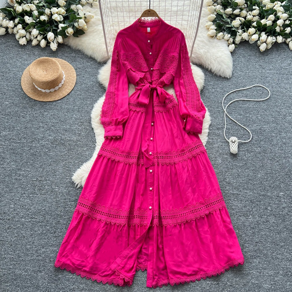 Sexy lange mouw haak bloem holle knop jurk chique vintage avondfeest club vrouwen chique zomer strand lange jurken