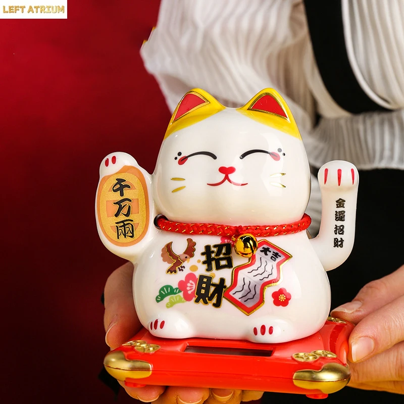 4.2 Inch Ceramic Beckoning Cat Waving Hand Maneki Neko Ornament Fortune Cat Figure Solar Powered or Battery