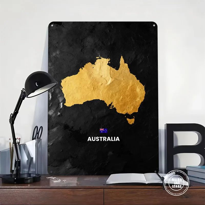 Australia Map on Black Textured Background 3D Texture Printed Poster Custom Vintage Metal Tin Plate Sign for Wall Art Decor Room