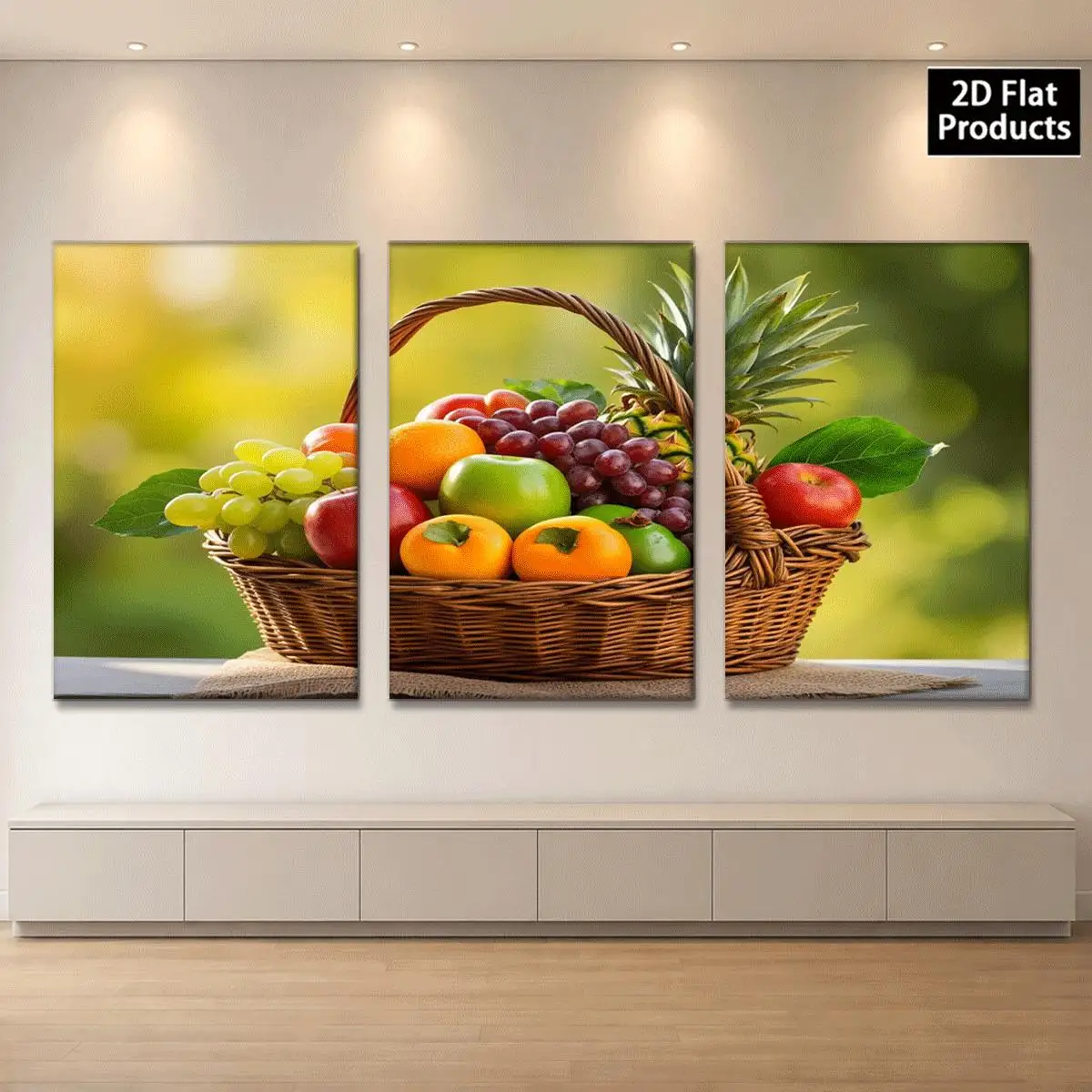 2D Flat 3pc Wood Frame Canvas Wall Art – Three panels show a basket with various fruits and green background perfect for aest