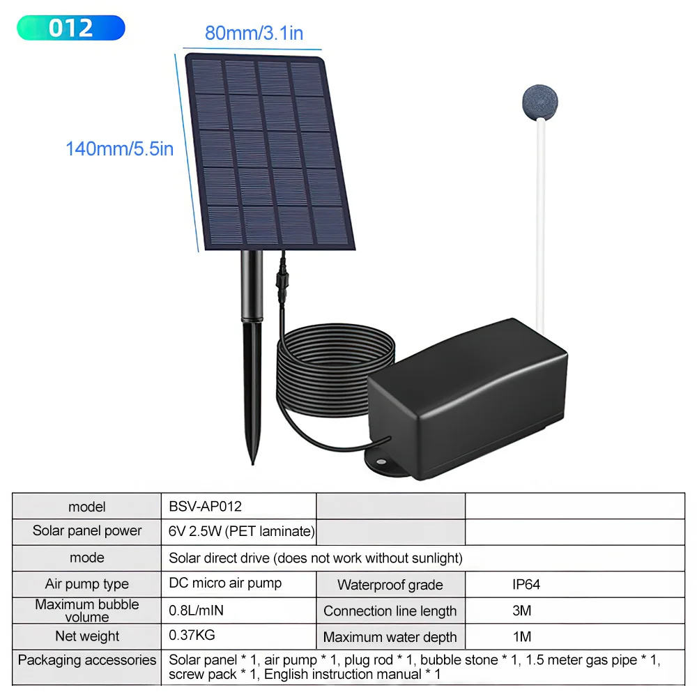 5V 2W Solar Panel Water Pump Oxygen Pump Solar Powered Low Noise for Outdoor Pool Pond Fish Tank Aquarium Accessories