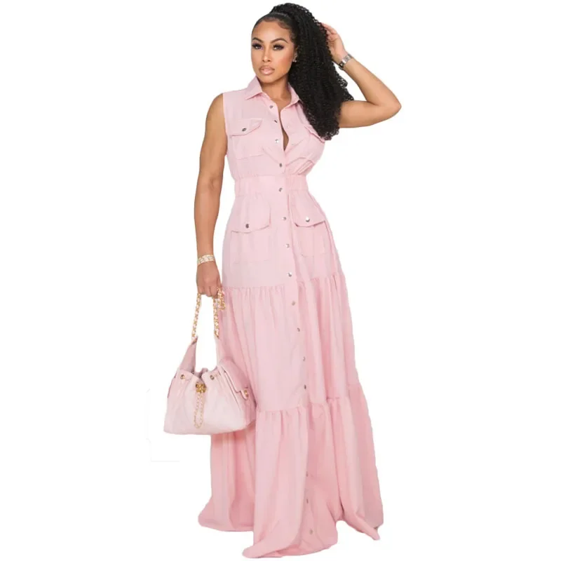 Summer Fashion Collar Single Breasted Women Elastic Waist Large Swing Dress Simple Solid Color Female Casual Long Dresses