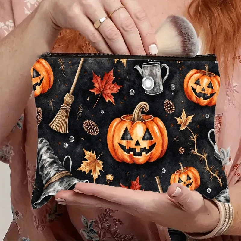 Halloween Witch Pumpkin Makeup Bag Cute Floral Design Cosmetic Case for Mom with Zipper Closure Perfect Halloween Gift