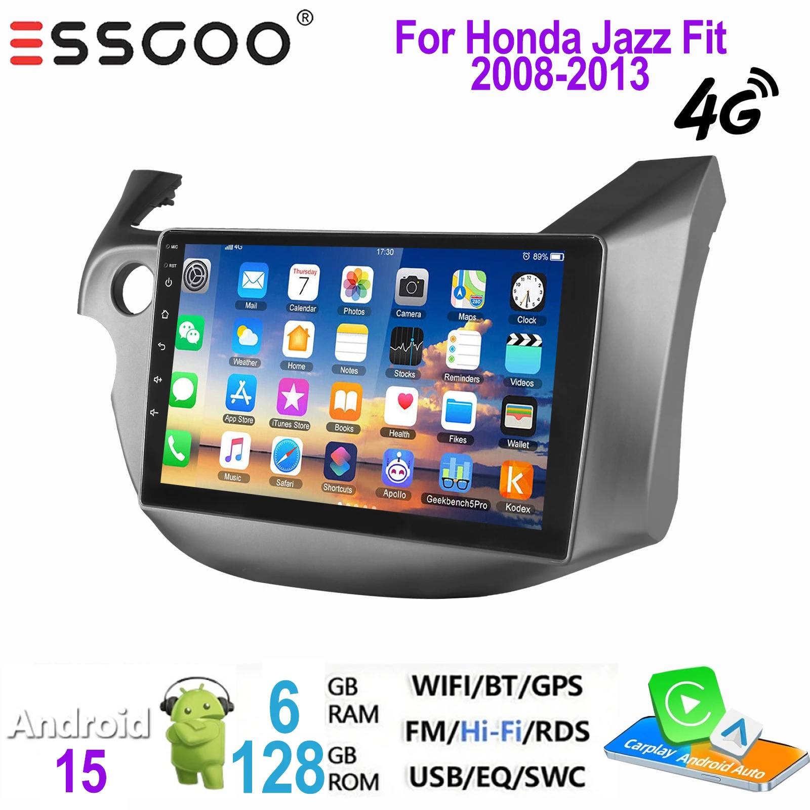 ESSGOO 2 DIN autoradio voor Honda Jazz Fit 2008-2013 Android 15 met draadloze Carplay, Android Auto, GPS, NAVI, WIFI, SWC, RDS, FM, ASP