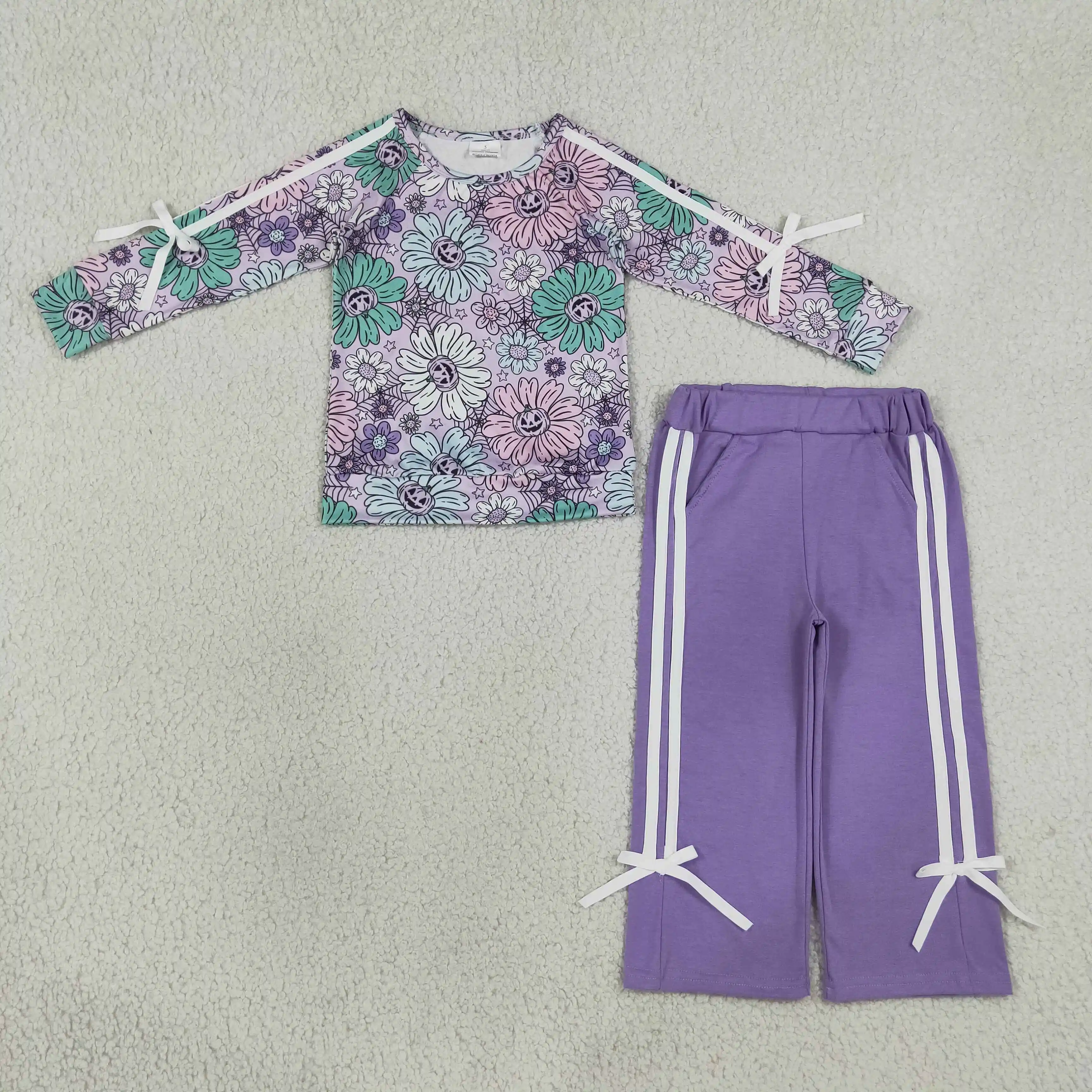 Baby Kids Children Halloween Clothes Toddler Set Girl Flower Pumpkins Shirt Pockets Purple Pants Girls Fall Outfit