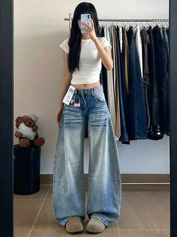 

Джинсы женские широкие прямые в американском ретро-стиле, больших размеров, осенние, новые, повседневные, с высокой талией, из денима