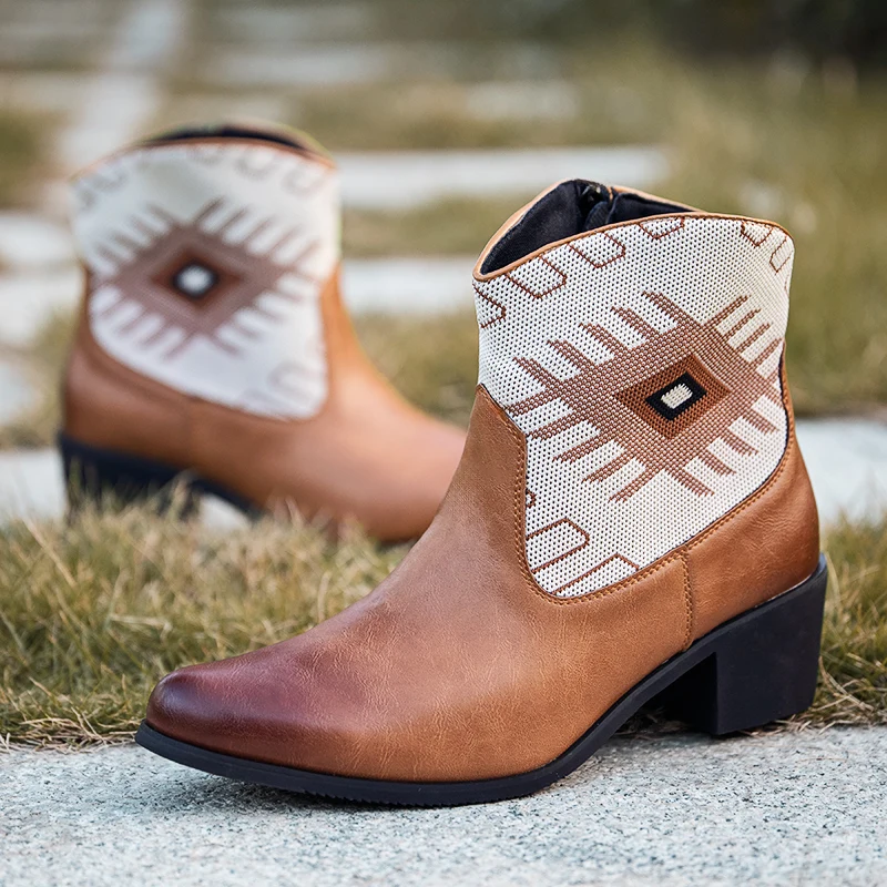 

Мужские ковбойские сапоги с широким квадратным носком, ботинки в стиле вестерн в стиле ретро, прочные классические модные ботинки с вышивкой, 2025 г.