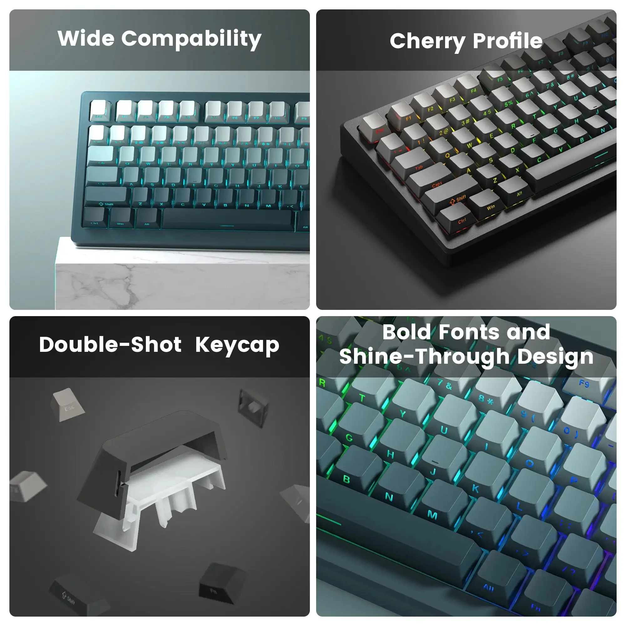 136 Key Gradient Blue Side Printed PBT Keycaps Shine Through Cherry Profile Double Shot Backlit Key Cap For Mechanical Keyboard