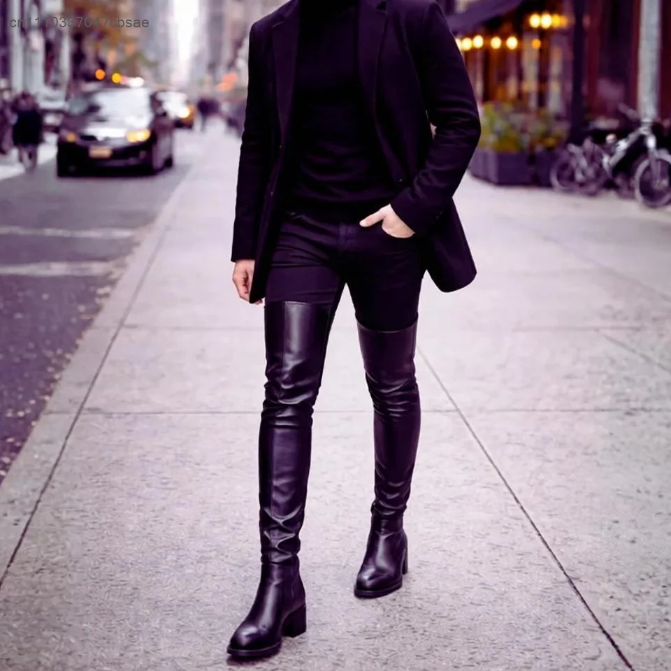 Stylish Men Over Knee Thigh High Boots Black Pu Leather Block Heel Tall Round Toe Comfort Fit Boot Daily Wear Club Fashion Shoes