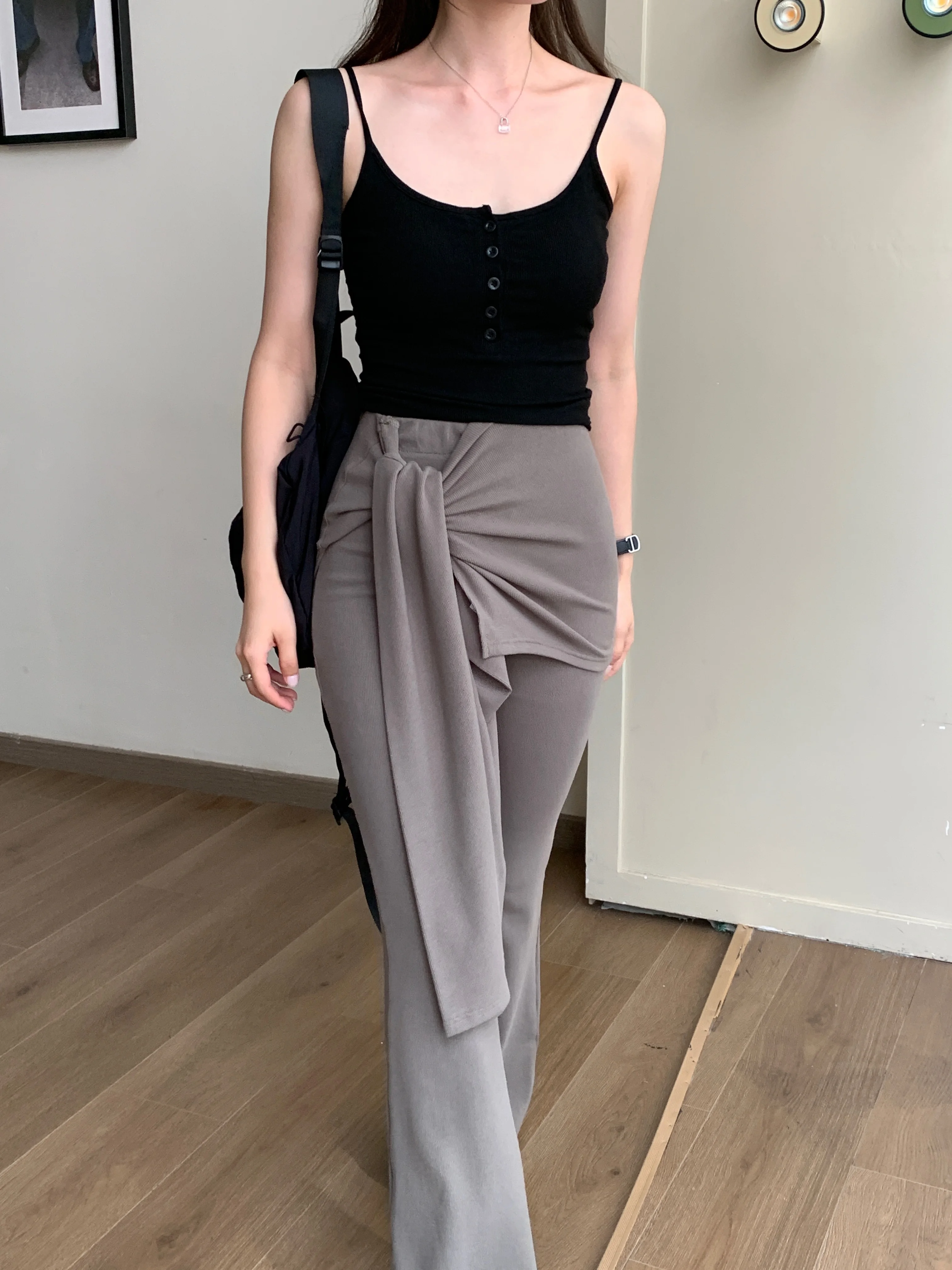 

Korean style Slimming Versatile Khaki Split Hem Pants, Two-Piece Casual Trousers, Women's Fashion Bottoms