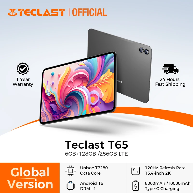 Teclast T65 13.4インチ 2K 120Hzスクリーン Unisoc T7280 オクタコア 最大26GB RAM 128GB ROM 8000mAhバッテリー Android 16 タブレット デュアルSIM