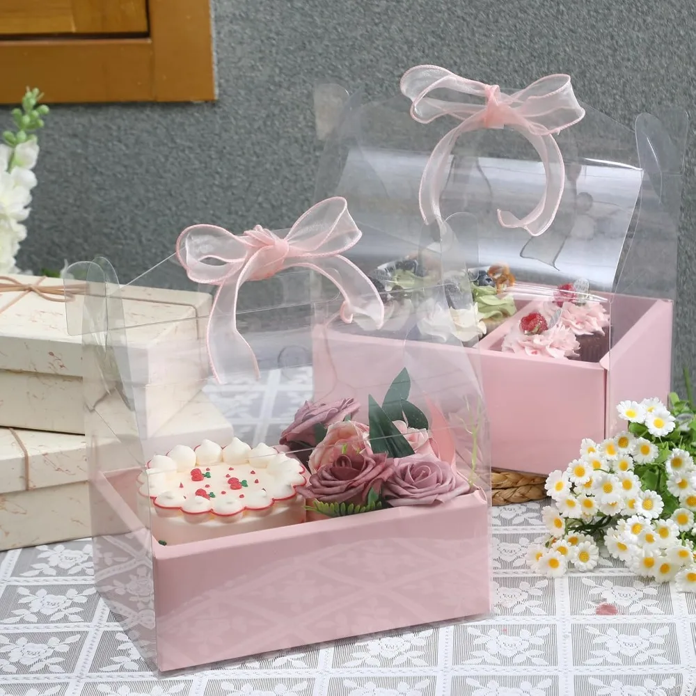 

10 Pack 4 Inch Cake and Flower Clear Boxes with Ribbon, Transparent Gift Packaging for Wedding Holiday Party Favors