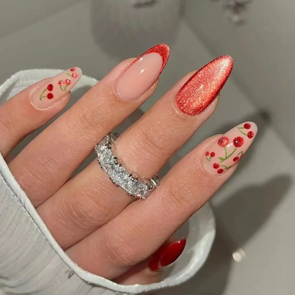 

Manicure Long Almond False Nails Purple French Fake Nials Cat's Eye Cherry Flower Press on Nails Women