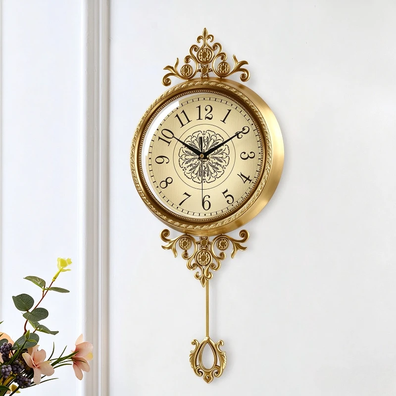 Brass Wall Clocks Silent Movement Living Room Quartz Clock European Wall-mounted Clocks Luxury Retro Household Decoration Clock